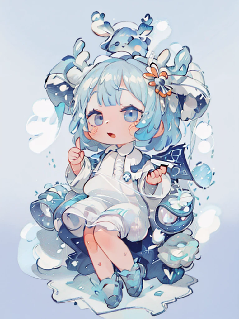 tarot, BORDER, celestial, chibi, masterpiece, best quality, extremely detailed, detailed background, detailed face, 1girl, full-body, solo, pale skin, LONG blue hair which each strands were being lifted up by butterflies, deer ears, white deer horns, happy expression, white dress, blue flower, good finger, perfect face, intricate details, mystical forest theme
