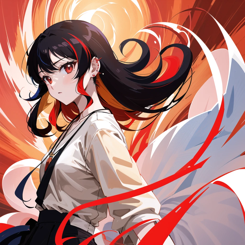 anime panel,upper body, 1girl,solo Korean, long, very curly and black hair with red highlights, red slanted eyes, casual clothes, ear piercing, necklace, hair illuminated by sunlight, park background,sad