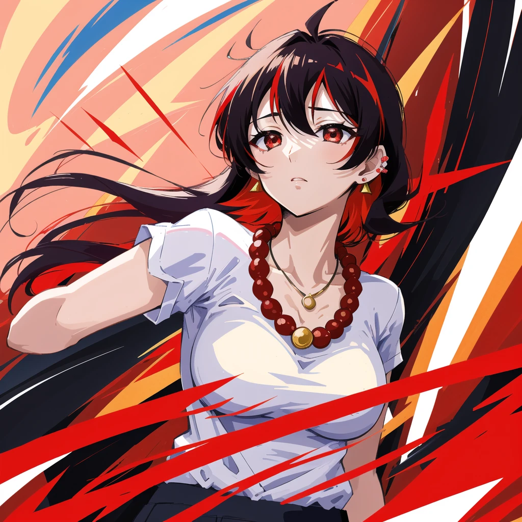anime panel,upper body, 1girl,solo Korean, long, very curly and black hair with red highlights, red slanted eyes, casual clothes, ear piercing, necklace, hair illuminated by sunlight, park background,sad