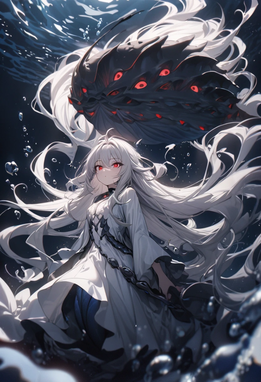 panoramic, (Deep sea diving style), (biggest Deep Sea Creatures) and (one girl), (10 yo silver hair long hair alluring girl, detailed red eyes), in a white robe, (Drifting in the deep sea), break, (in the deep sea, background a darkness sea), BREAK, perfect ???????, masterpiece, best quality, 16k, beautiful detailed deep abyss, daydreaming expression