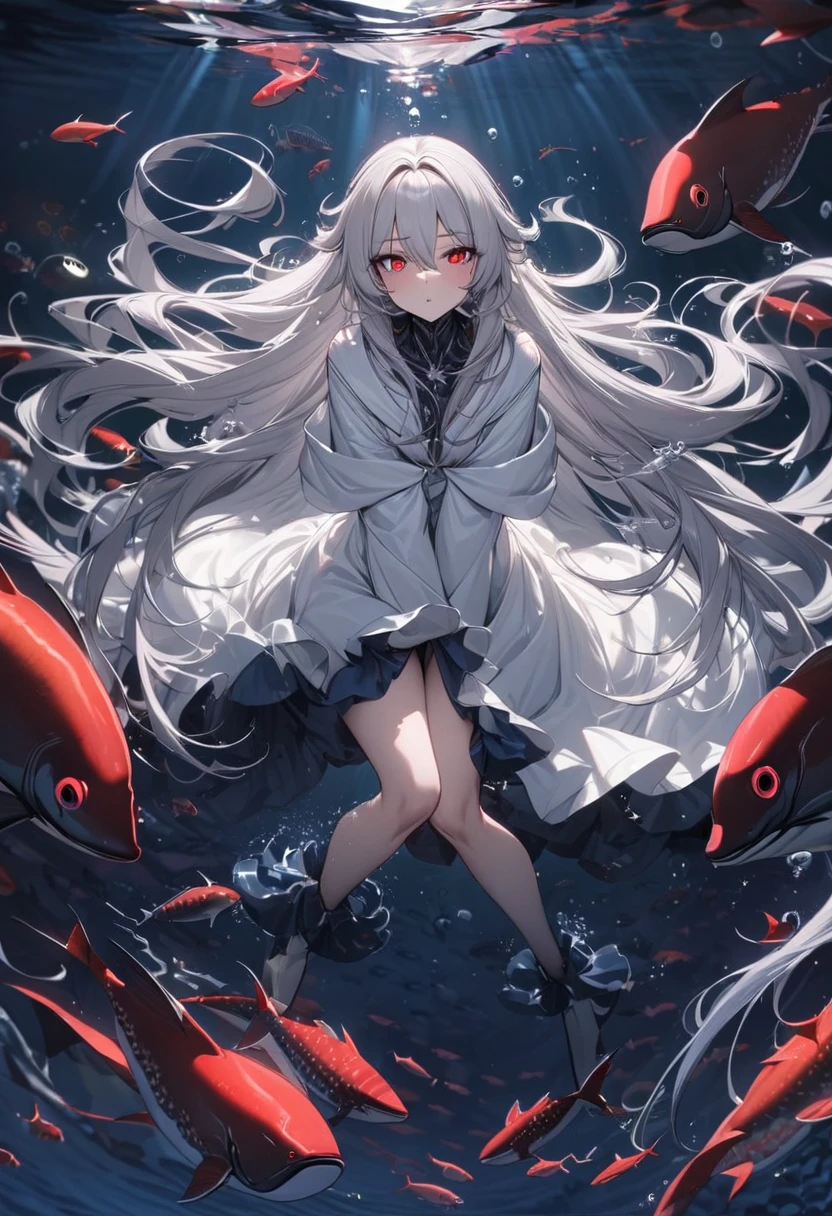 panoramic, (Deep sea diving style), (biggest Deep Sea Creatures) and (one girl), (10 yo silver hair long hair alluring girl, detailed red eyes), in a white robe, (Drifting in the deep sea), break, (in the deep sea, background a darkness sea), BREAK, perfect anatomy, masterpiece, best quality, 16k, beautiful detailed deep abyss, daydreaming expression