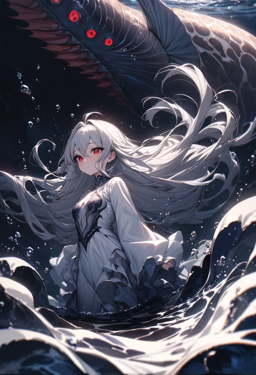 panoramic, (Deep sea diving style), (biggest Deep Sea Creatures) and (one girl), (10 yo silver hair long hair alluring girl, detailed red eyes), in a white robe, (Drifting in the deep sea), break, (in the deep sea, background a darkness sea), BREAK, perfect anatomy, masterpiece, best quality, 16k, beautiful detailed deep abyss, daydreaming expression