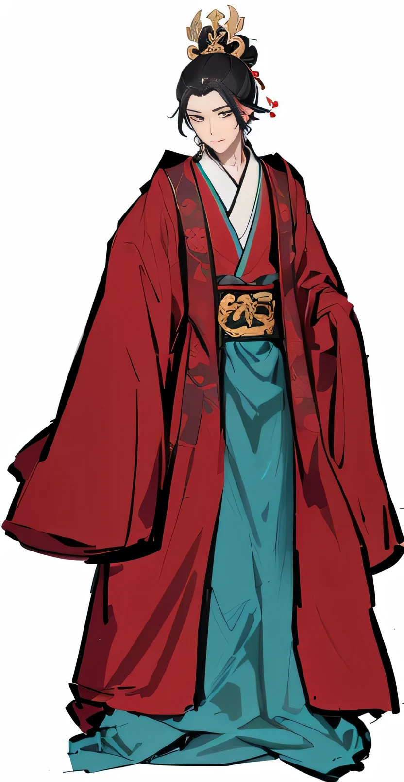 Inspired by Toshusai Sharaku, Akira in Chinese mythology, Since the Warring States Period, Inspired by Kikuchi Yosai, Warring States period art style, Wearing a flowing robe, Inspired by Ryūkōsai Jokei, Inspired by Chen Jiru,Chinese Tang dynasty male,The Second Prince,A cunning expression,Full body standing,Blank Background