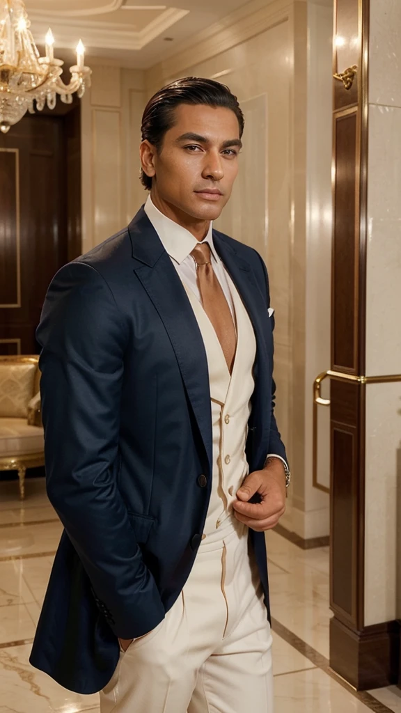 A handsome and attractive man with a more masculine appearance, short straight hair slicked back, brown eyes, and lightly tanned skin. He is dressed in a classic, luxurious dark blue blazer, white shirt, and a red tie, exuding power and confidence. The setting is a classic yet modern environment, predominantly white and bright, featuring high-end elements like grand chandeliers, marble floors, and opulent furniture. The overall atmosphere is sophisticated, clear, and modern, emphasizing wealth and luxury. His face is highly realistic, capturing fine details and lifelike expressions."