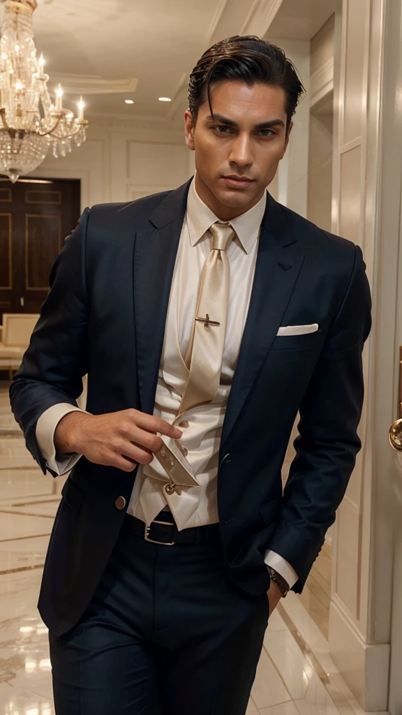 A handsome and attractive man with a more masculine appearance, short straight hair slicked back, brown eyes, and lightly tanned skin. He is dressed in a classic, luxurious dark blue blazer, white shirt, and a red tie, exuding power and confidence. The setting is a classic yet modern environment, predominantly white and bright, featuring high-end elements like grand chandeliers, marble floors, and opulent furniture. The overall atmosphere is sophisticated, clear, and modern, emphasizing wealth and luxury. His face is highly realistic, capturing fine details and lifelike expressions."