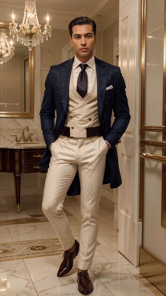 A handsome and attractive man with a more masculine appearance, short straight hair slicked back, brown eyes, and lightly tanned skin. He is dressed in a classic, luxurious dark blue blazer, white shirt, and a red tie, exuding power and confidence. The setting is a classic yet modern environment, predominantly white and bright, featuring high-end elements like grand chandeliers, marble floors, and opulent furniture. The overall atmosphere is sophisticated, clear, and modern, emphasizing wealth and luxury. His face is highly realistic, capturing fine details and lifelike expressions."






