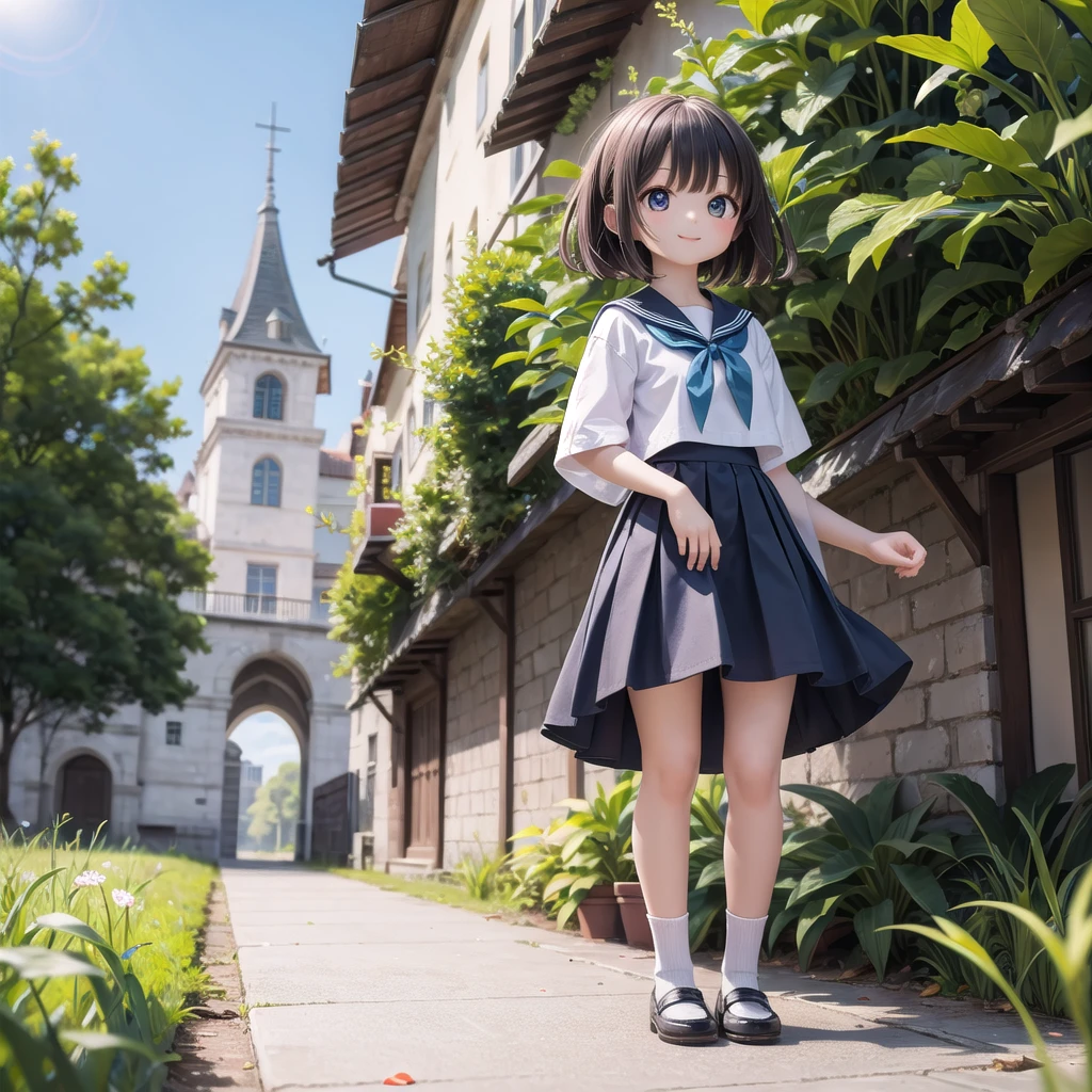 (masterpiece),  town,  blue sky,  One Girl,  smile,  alone,  Sailor suit、Long skirt,  Overgrown,  petal,  plant、Skirt lining、Translucent slip