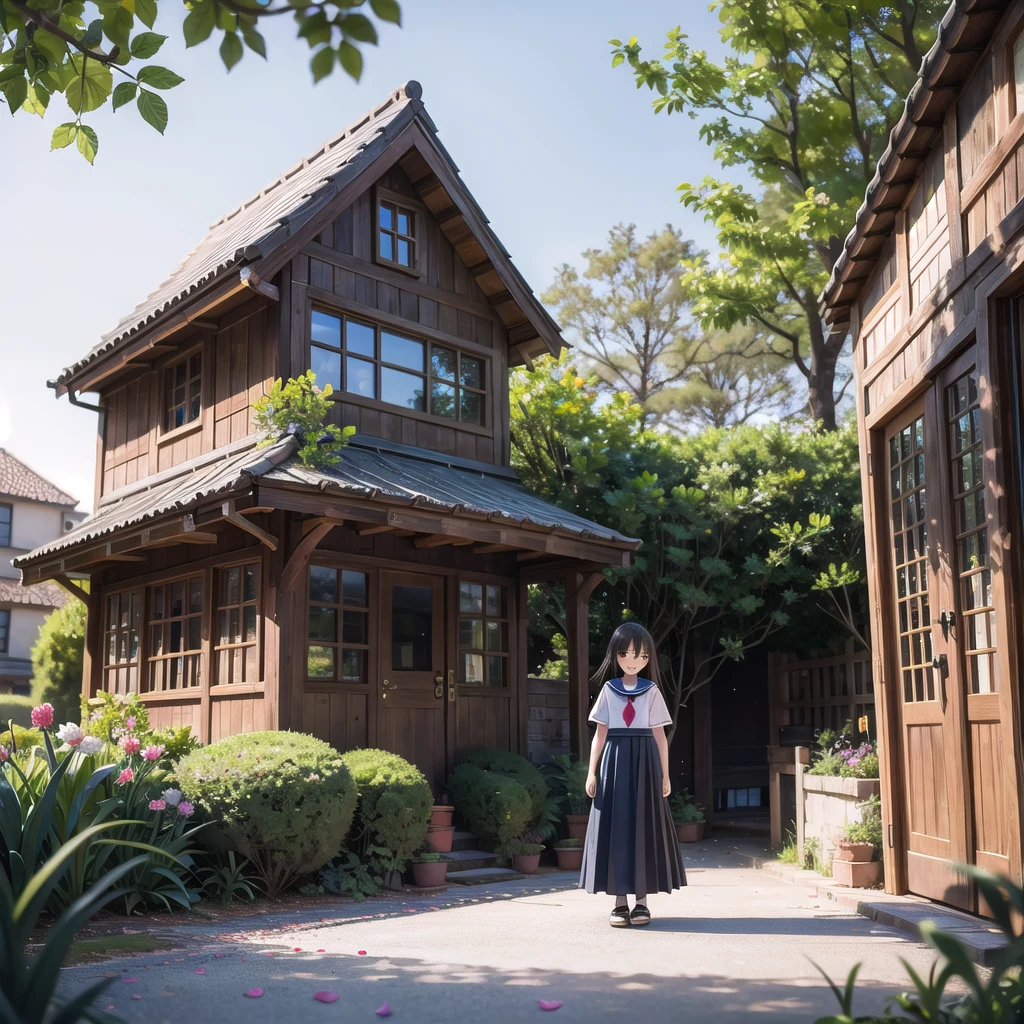 (masterpiece), town, blue sky, One Girl, smile, alone, Sailor suit、Long skirt, Overgrown, petal, plant、Skirt lining、Translucent slip