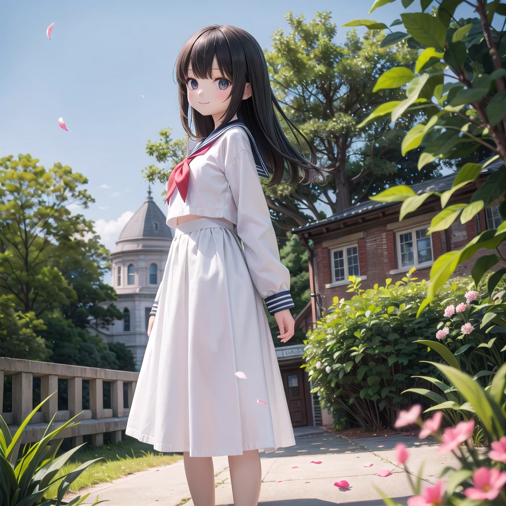 (masterpiece), town, blue sky, One Girl, smile, alone, Sailor suit、Long skirt, Overgrown, petal, plant、Skirt lining、Translucent slip