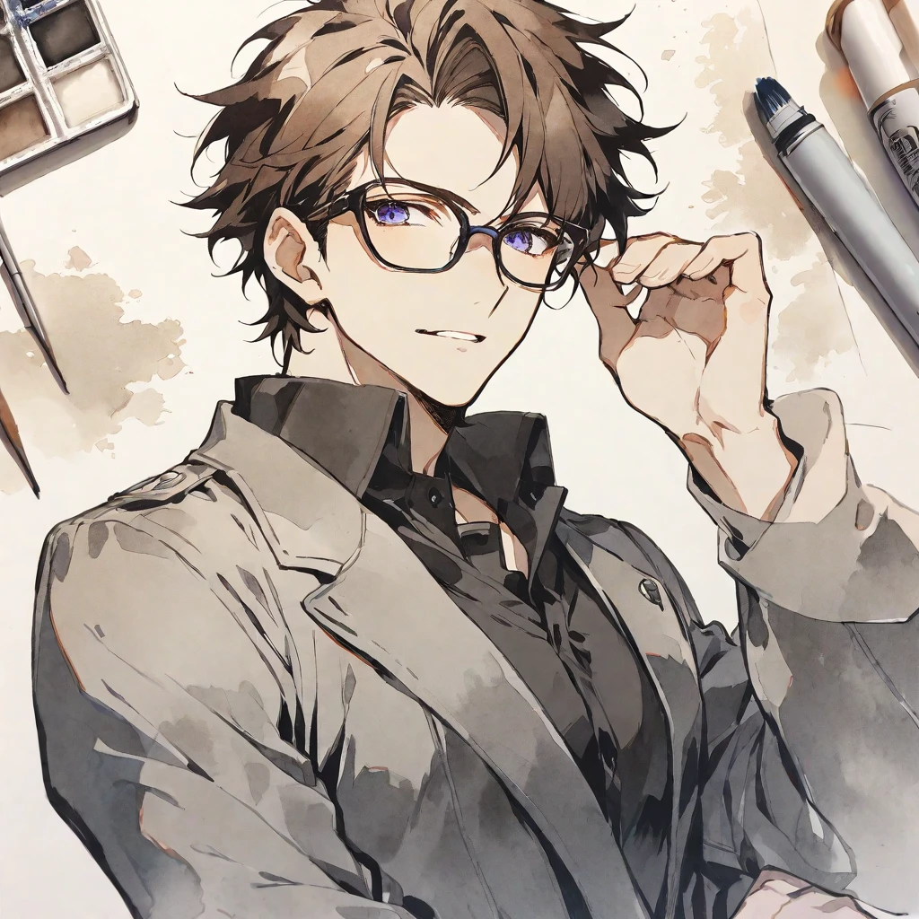 Solo,handsome, monotone,Watercolor,
1. male,
Aizen Sousuke
brown hair , glasses