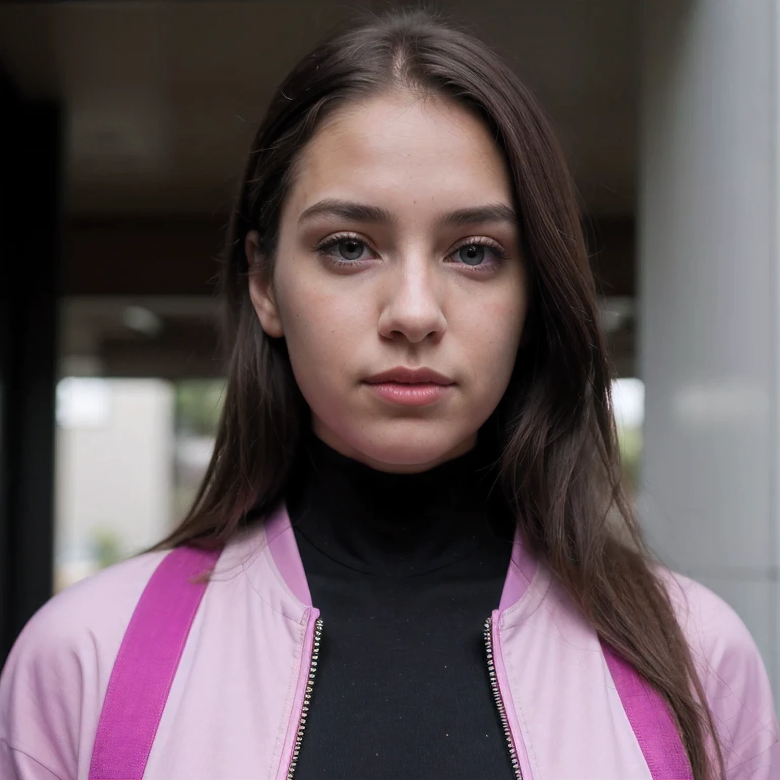 Photo of a college student, Purple Pink, Futuristic space suit, (freckle:0.8) Cute face, Science Fiction, Dystopia, Delicate eyes, Green pupils（（side view））