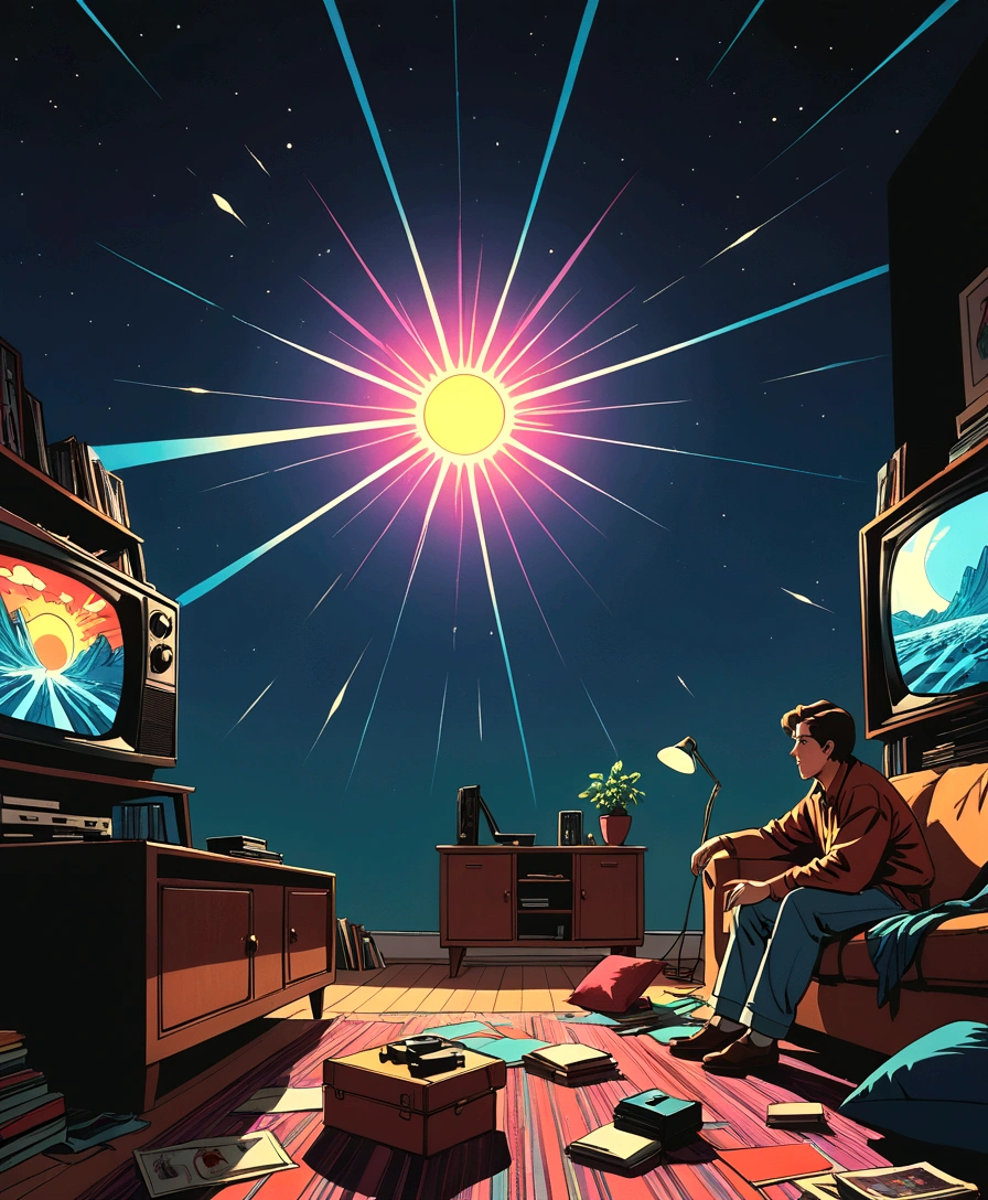 sunrise, overwhelming sunlight, too much light, maximal sunshine, blindingly bright, lens flare, insatiable light, uv light, VHS, glitch, distorted, nostalgia, 90's retro vibes, analog tape, vcr aesthetics, tv, television, 1990's cartoon homage), comic 1990's, animated tv show screengrab, cinematic poster, image within image, multiple exposure, massive scale, rich color grading for shading depth, hand drawn rotoscope cartoon realism, chiaroscuro lighting, mixed media, vintage comic, retro original design, 1990's comic, sense of movement energy,