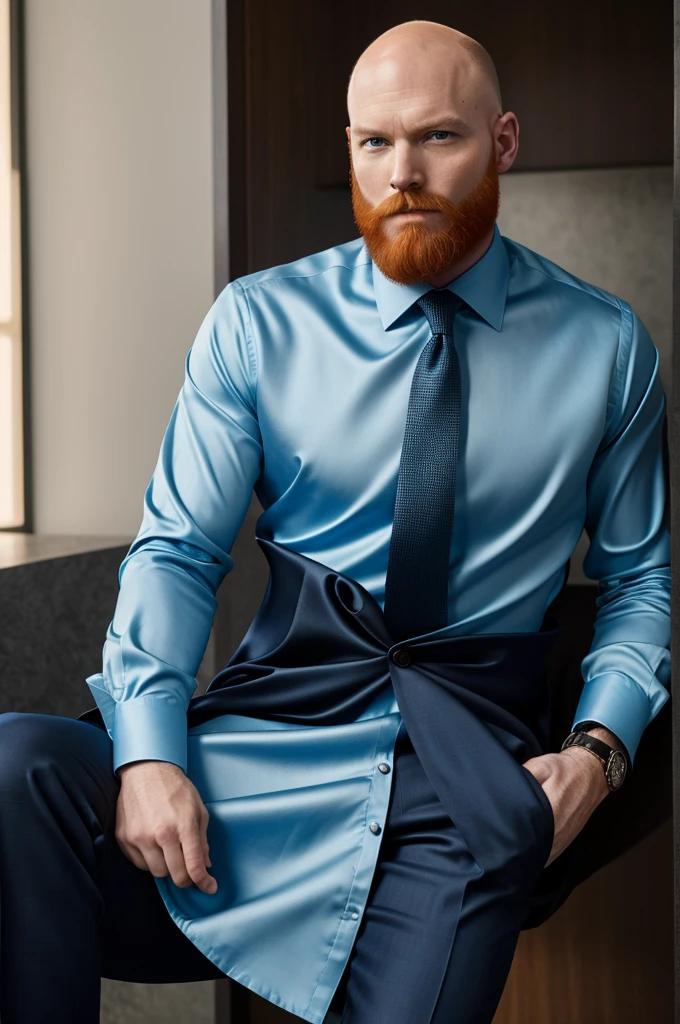 Bald white man with a red beard and a flat face with large cheekbones and green eyes wearing a blue silk long-sleeved dress shirt and a blue checkered tie and black dress pants 