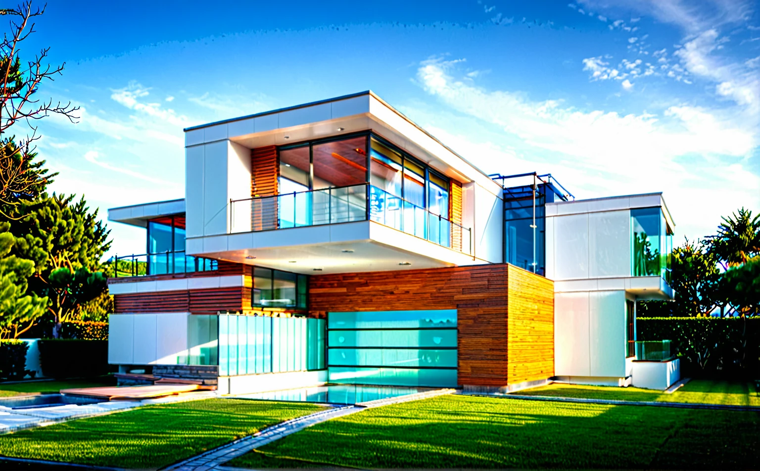 arafed modern house with a large glass balcony and a wooden roof, Shutterstock, modernism, contemporary house, modern house, modern architecture, contemporary architecture, contemporary masterpiece, luxury architecture, bold architecture, large futuristic residence, stunning lines, masterpiece, super detail, high details, high quality, 4K
