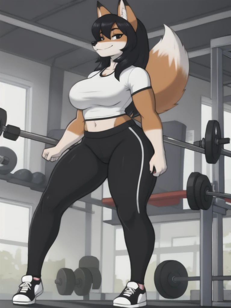 Furry, fox, female, white shirt, black leggings, shoes, gym, teen, full body