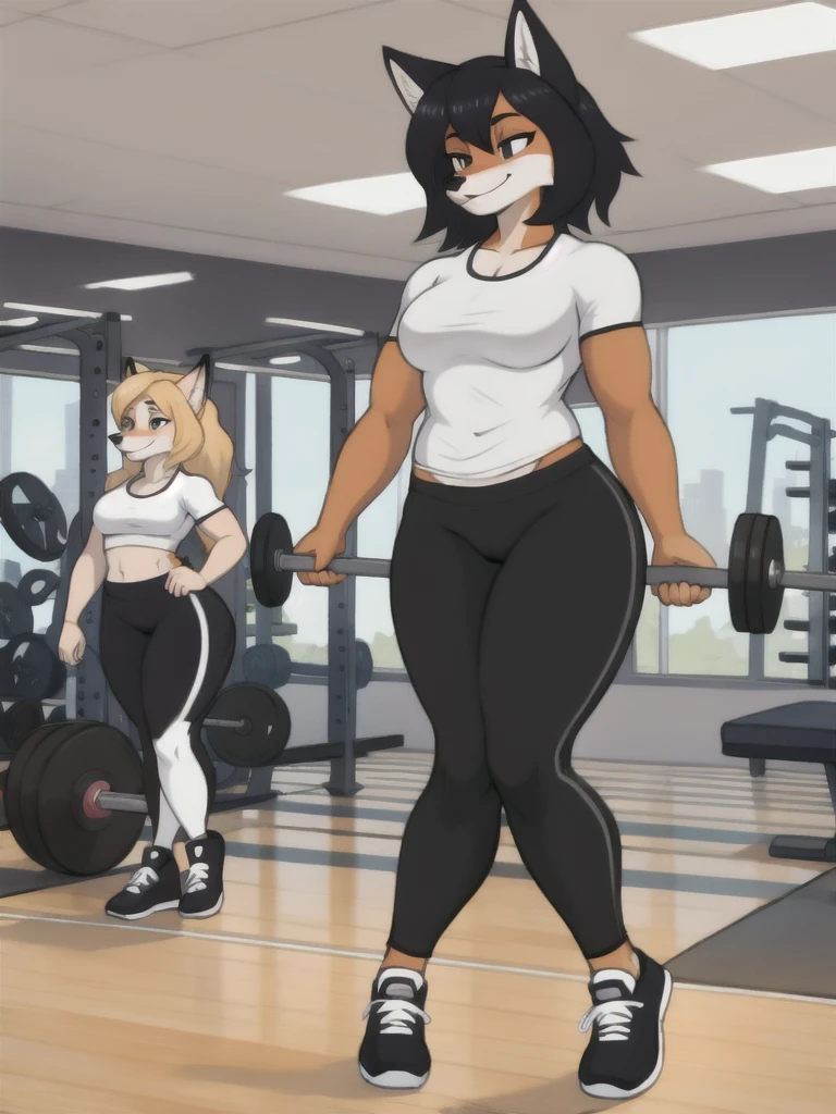 Furry, fox, female, white shirt, black leggings, shoes, gym, teen, full body