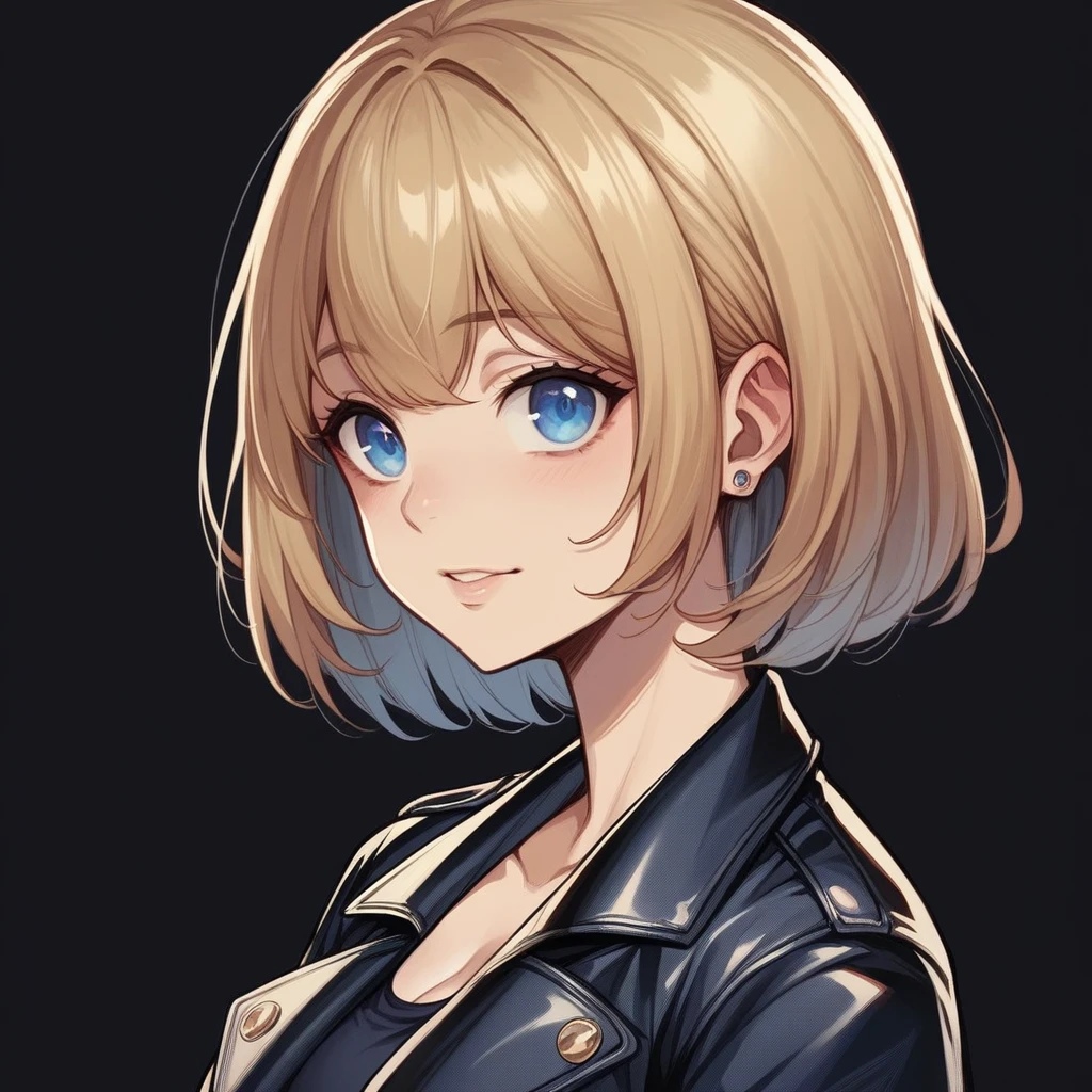 This depicts the front view of a 20-year-old blonde female character named Minami with bob hair.。She has round blue eyes and white skin.、She has big breasts and is wearing a swimsuit.。On a black background、In a semi-realistic anime style、Detailed shading and realistic lighting。