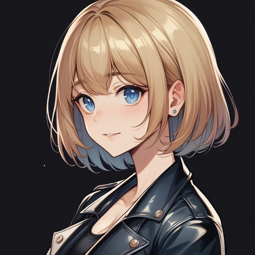 This depicts the front view of a 20-year-old blonde female character named Minami with bob hair.。She has round blue eyes and white skin.、She has big breasts and is wearing a swimsuit.。On a black background、In a semi-realistic anime style、Detailed shading and realistic lighting。