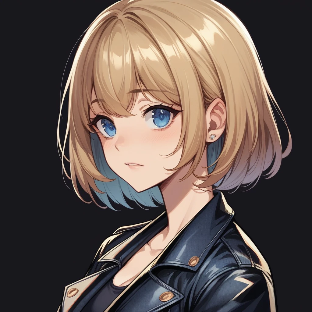 This depicts the front view of a 20-year-old blonde female character named Minami with bob hair.。She has round blue eyes and white skin.、She has big breasts and is wearing a swimsuit.。On a black background、In a semi-realistic anime style、Detailed shading and realistic lighting。