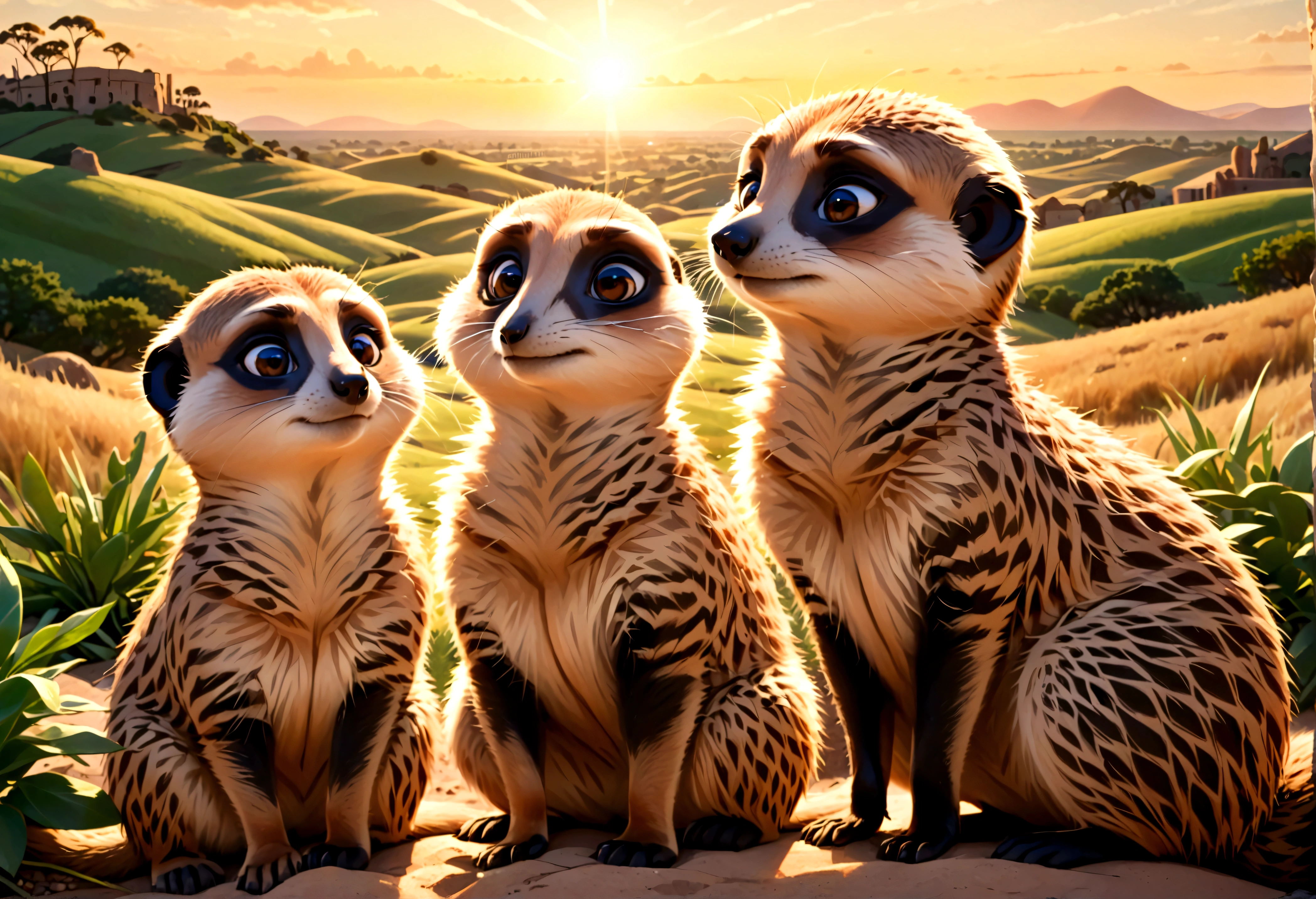 a family of meerkats emerging from their burrow at sunrise, idyllic prairie landscape, lovely sunrise, highly detailed, 8k, photorealistic, realistic lighting, warm color tones, golden hour lighting, intricate details, fluffy meerkats, curious expressions, natural environment, lush greenery, rolling hills, dramatic sky, sun peeking over horizon, depth of field, cinematic composition