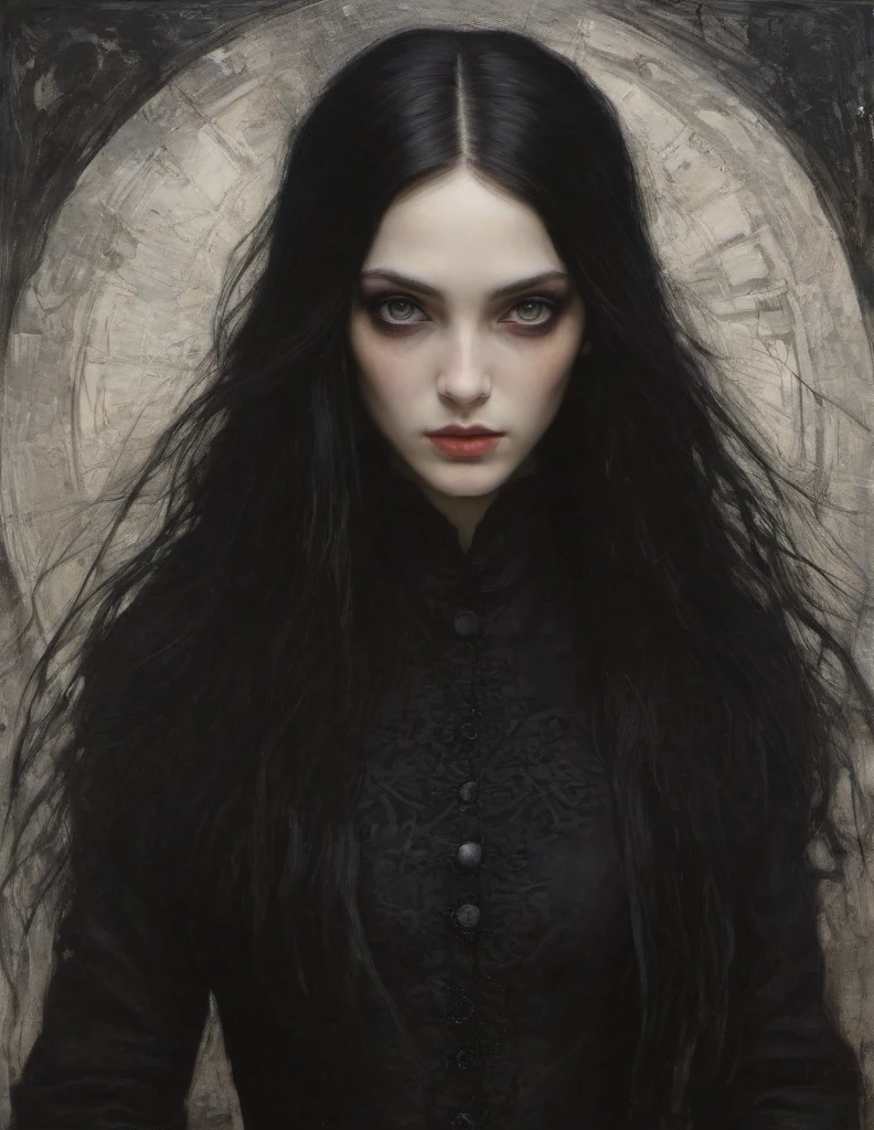 James Gurney, Surrealist art , dream-like, Mysterious, Provocative, symbolic, Complex, detailed,, (Gothic but very beautiful:1.4), (masterpiece, highest quality:1.4) , Nicola Samori Style, young girl with long black hair, gray eyes, black coat