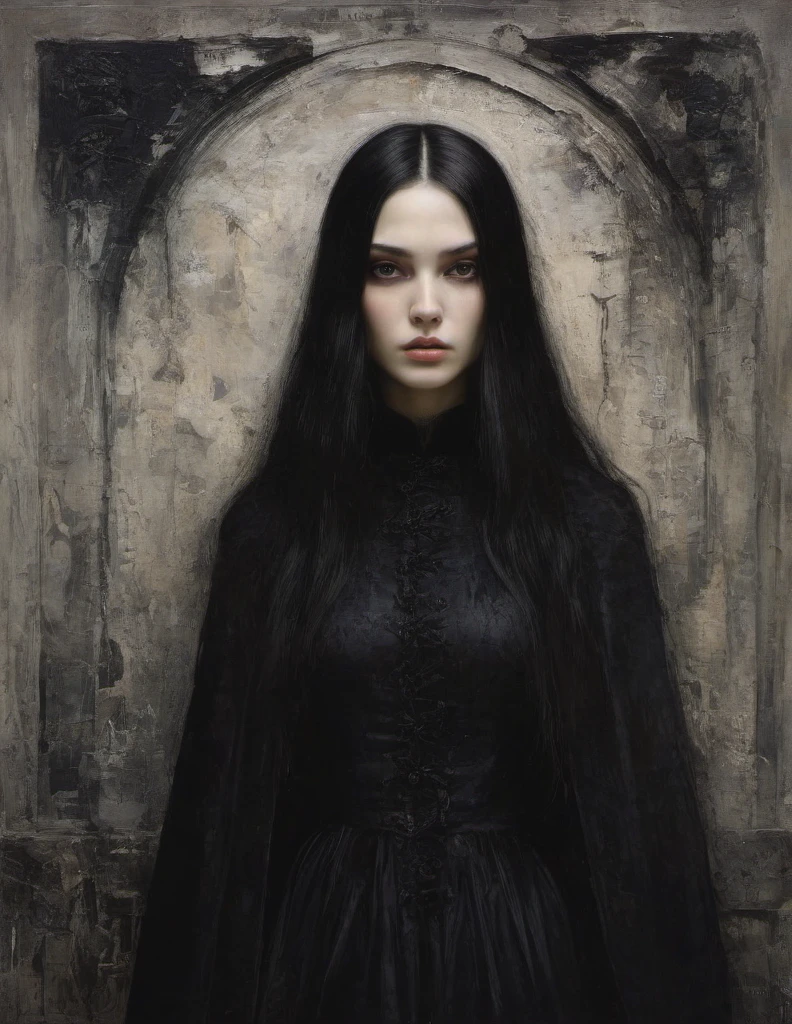 James Gurney, Surrealist art , dream-like, Mysterious, Provocative, symbolic, Complex, detailed,, (Gothic but very beautiful:1.4), (masterpiece, highest quality:1.4) , Nicola Samori Style, young girl with long black hair, gray eyes, black coat