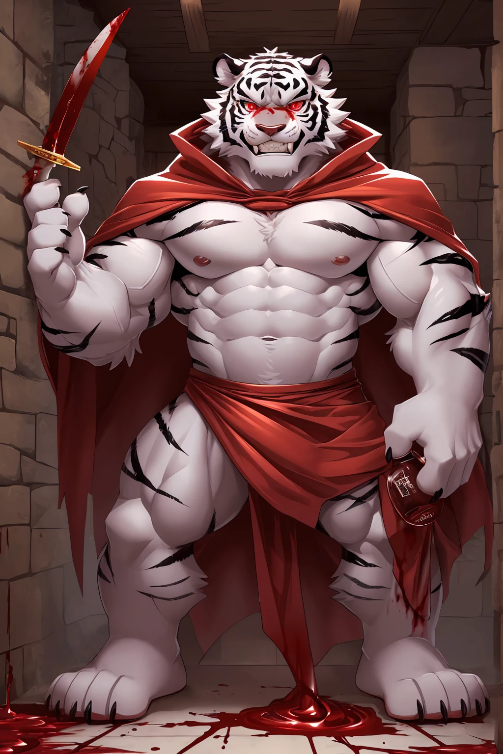 (sfw:1.5), male focus, pharmacist, Handsome 1boy, solitary,Back photo,single, (Black nails, Black claws, White feet, White feet底板:1.4), White hair, White skin, (Black tiger stripe:1.5), (Black tiger stripes on arms, Black tiger stripes on legs, Black stripes on arms, Black stripes on legs:1.4), (White tail:1.3), White Teeth, (White fangs, Exquisite fangs, Perfect fangs:1.5), Delicate teeth, Perfect Teeth, (Perfect red eyes:1.4), (White body:1.3),
White Tiger, White Tiger, dragon boy, dragon body, feet, (evil eyes, big eyes, large eyes:1.5), (Chubby, The body is huge, Larger face:1.3), Human feet, (Four toes:1.4),
(Red cloth wrapped around the crotch, Blood red cape:1.5), (Topless:1.1), (Wearing a blood-red wreath on the head:1.3),(The cloak is covered in blood:1.5), (Blood red dagger:1.3),
(full body:1.2), Back view, (Middle-aged men, Mature men:1.4), (Strong body, muscle,Strong male, muscle男:1.3), (Bare legs, Strong and strong legs, Strong legs, bare arm, Thick arms:1.3), (Standing, Turn your back, Back:1.3), (With your back to the audience, Looking at the audience, Focus, Eyes gaze:1.1), confidence, arrogant, pride, , (evil smile, evil grin, Smirk, evil smile, Evil smile:1.5), (手上拿着Blood red dagger:1.4),
full background, Stone brick floors, Stone Wall, indoor, (Potion Rack, Wooden frame, Pharmacy potion bottle:1.2), night, Candle,, Dim environment, (blood, blood在周围环绕, Blood falling in the air, 四处飞溅的blood:1.5),
Mysterious and romantic atmosphere, Caustic lines(refraction, polarization)Perfect anatomical structure, absurd, Detailed background, (Delicate eyes:1.3),Printing style。((artist:Takemoto Arashi))
