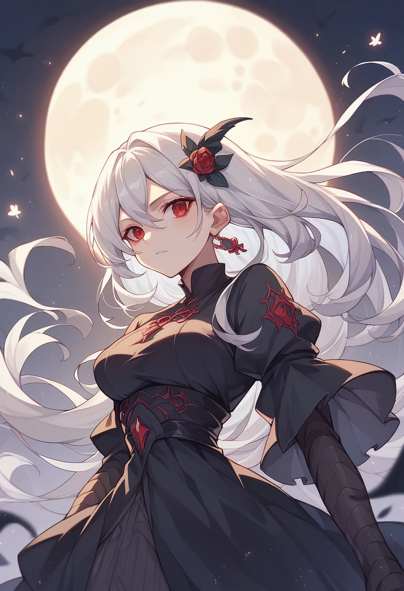 White Hair、Red eyes、Black dress、Many birdcages、night sky with moon
