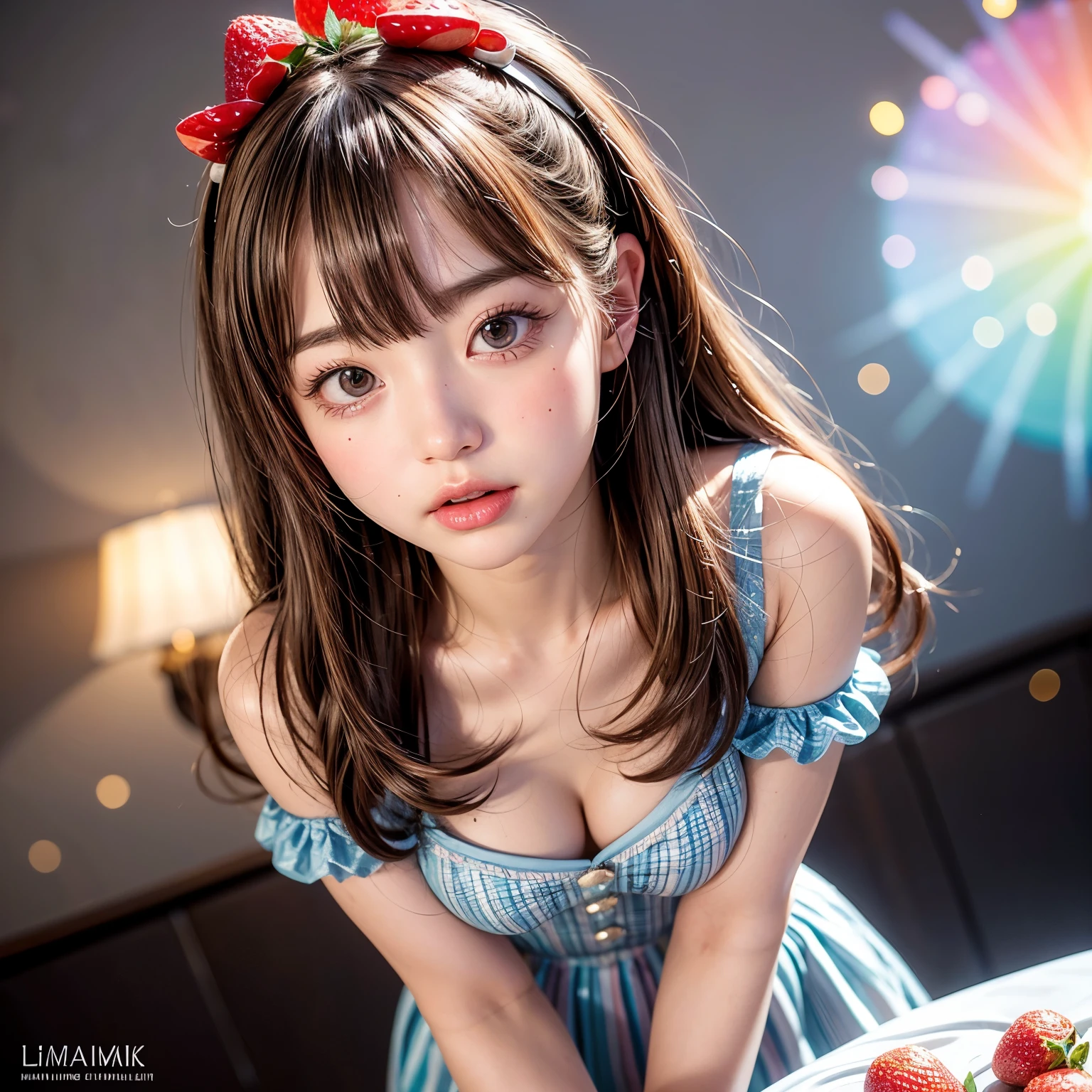 NSFW, 8k, High-level, absurd, masterpiece, best quality, primitive, very detailed CG, very detailed wallpaper, perfect lighting, Extremely detailed (((The personifying " strawberry shortcake " as a Girl))), MysticSight, Tyndall effect, Tyndall scattering, Studio gray background with (many Dazzling RainbowColor particles BokeH:1.28), (RoundlyButts, ThighGap), (Exposed:0.4), (Assfocus with looking ahead), BREAK (NOGIZAKA face variations) Extremely Detailed very KAWAII face variations, perfect anatomy, Childish, captivating gaze, elaborate detailed Eyes with (sparkling highlights:1.28), long eyelashes、Glossy RED Lips with beautiful details, Coquettish tongue, Rosy cheeks, Radiant PearlSkin with clear transparency . { (Dynamic LifeLike expressions:1.4) | :d) }, (large eyes:-1) .