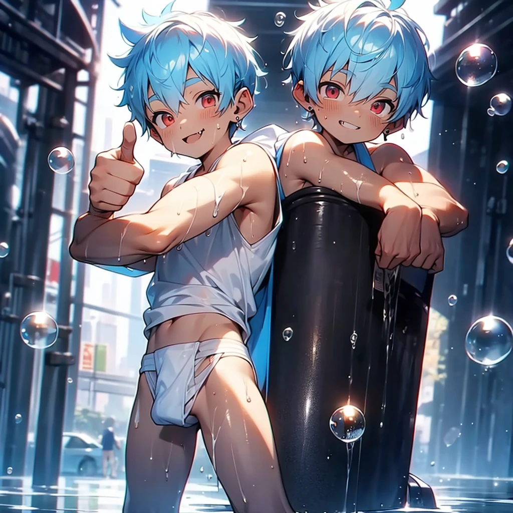 ((solo)), (boldline:-1.6), (dynamic pose:1.3), (arched back:1.3), ((bubble)), (thumbs up:1.5), (spread legs:1.4), (standing:1.5), (((fang))), (((best finger))), BREAK (best quality:1.5), (absolutely resolution:1.5), (ultra detailed:1.5), (masterpiece:1.5), (perfect face:1.5), (detailed face:1.3), (detailed eyes:1.5), (best eyes:1.5), (cute face), (shota:2), BREAK (white tank top:1.5), BREAK (white loincloth:1.5), (see throgh wet clothes:1.6), (bulge:1.6), (skinny:1.3), BREAK (light blue hair:1.5), ((spiked hair)), BREAK (wine red eyes:1.4), (eyes with highlight:1.6), ((mole under eye)), (sweaty skin), (smiling:1.5), ((earrings)), (shiny skin:1.3), BREAK (nature), (river), (forest), (sunlight), ((wind blowing)), (((nipple))), (abs), groin, water splashing,