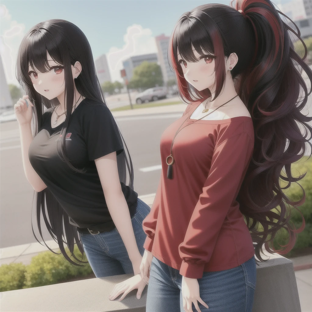 anime panel,upper body, 1girl,solo Korean, long, very curly and black hair with red highlights, red slanted eyes, casual clothes, ear piercing, necklace, hair illuminated by sunlight, park background,sad