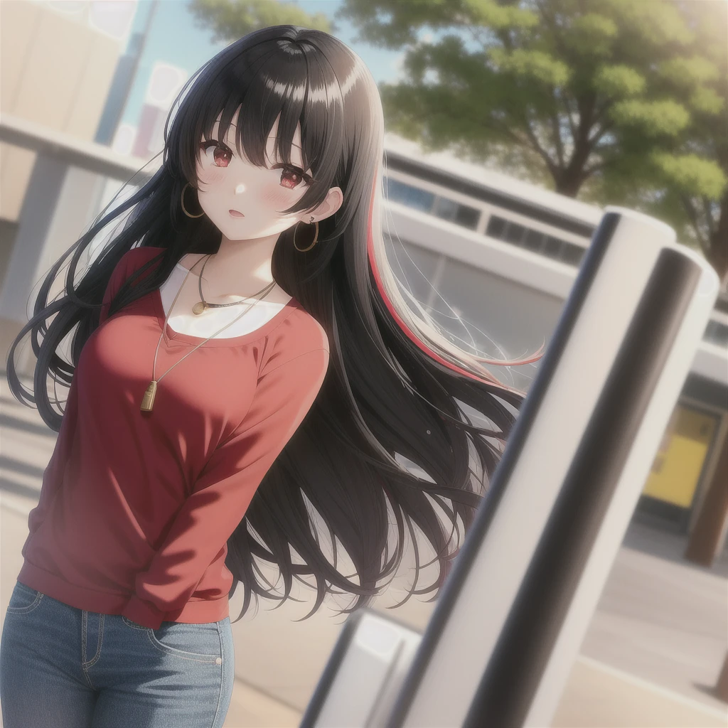 anime panel,upper body, 1girl,solo Korean, long, very curly and black hair with red highlights, red slanted eyes, casual clothes, ear piercing, necklace, hair illuminated by sunlight, park background,sad