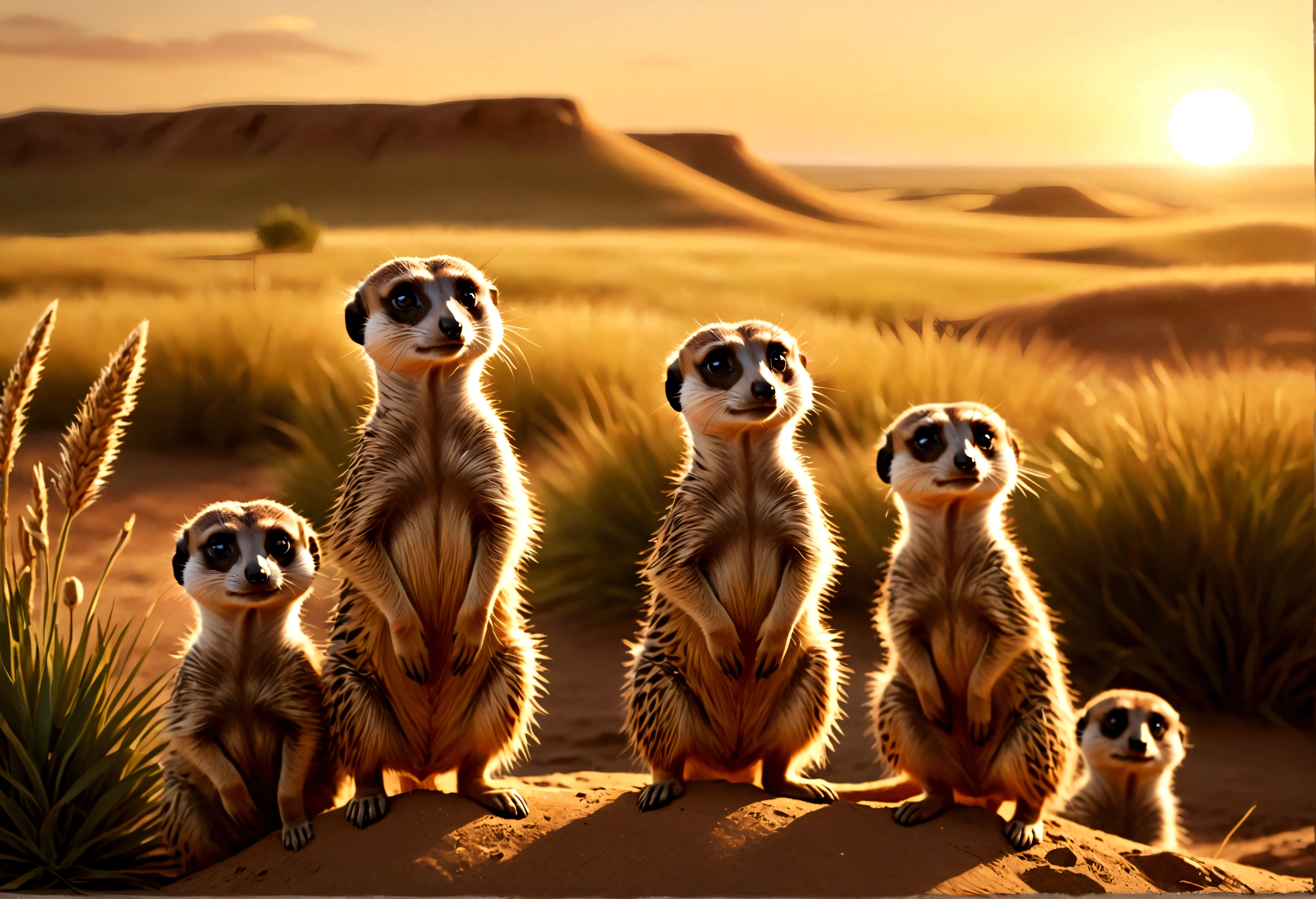 a family of meerkats emerging from their burrow at sunrise, idyllic prairie landscape, lovely sunrise, highly detailed, 8k, photorealistic, realistic lighting, warm color tones, golden hour lighting, intricate details, fluffy meerkats, curious expressions, natural environment, lush greenery, rolling hills, dramatic sky, sun peeking over horizon, depth of field, cinematic composition