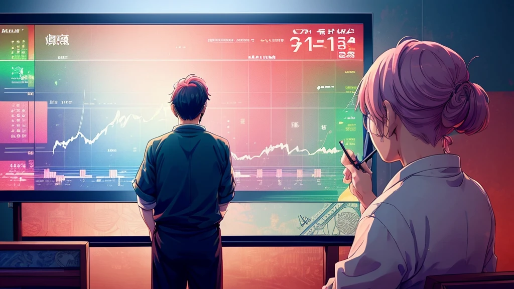 (Digital Painting)、(top-quality)、Man giving lecture in front of big chart screen、games、Man explaining price movements、trader、Currency chart monitoring、FX、exchange、Ukiyo-e Art Style、Hokusai's inspiration、Popular deviant art、8K Ultra Real、Pastel Color Schemes、Soft lighting、vibrancy。 clew：（Digital Painting）、（top-quality）、Man giving lecture in front of big chart screen、gamean explaining price movements、trader、Currency chart monitoring、FX、exchange、Ukiyo-e Art Style、Hokusai's inspiration、Popular deviant art、8K Ultra Real、Pastel Color Schemes、Soft lighting、vibrancy。