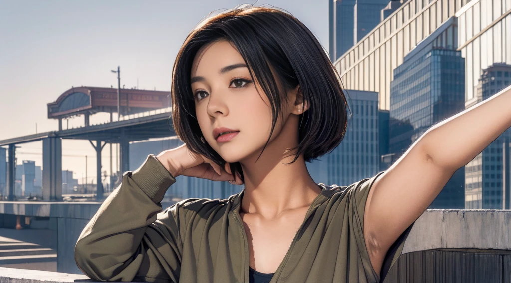 Elaizaikedareal, 19-year-old young woman , highest quality, high resolution, short hair, black eyes, watch viewers, station home , railway ,beauty, top quality , high resolution