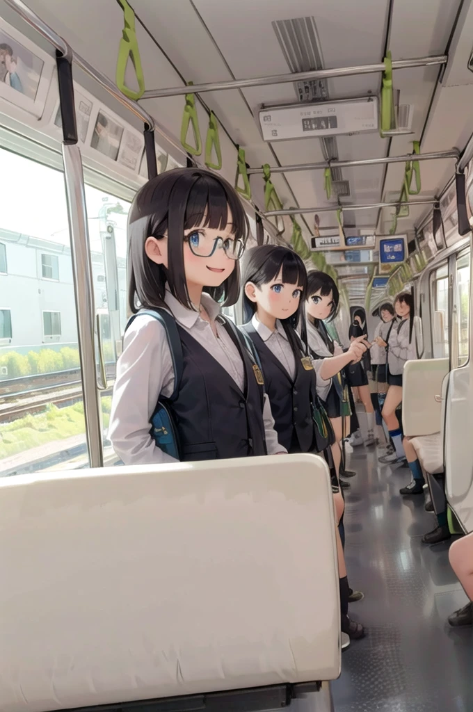 Highest quality, Super detailed, figure,
Multiple Girls, , Black Hair, Glasses, school bag, smile, Laughter, View your viewers, crowded train、Lots of girls、
e235, Inside the train, scenery, Sheet, window, screen, Realistic, photograph background, photograph (Moderate), photographRealistic, close