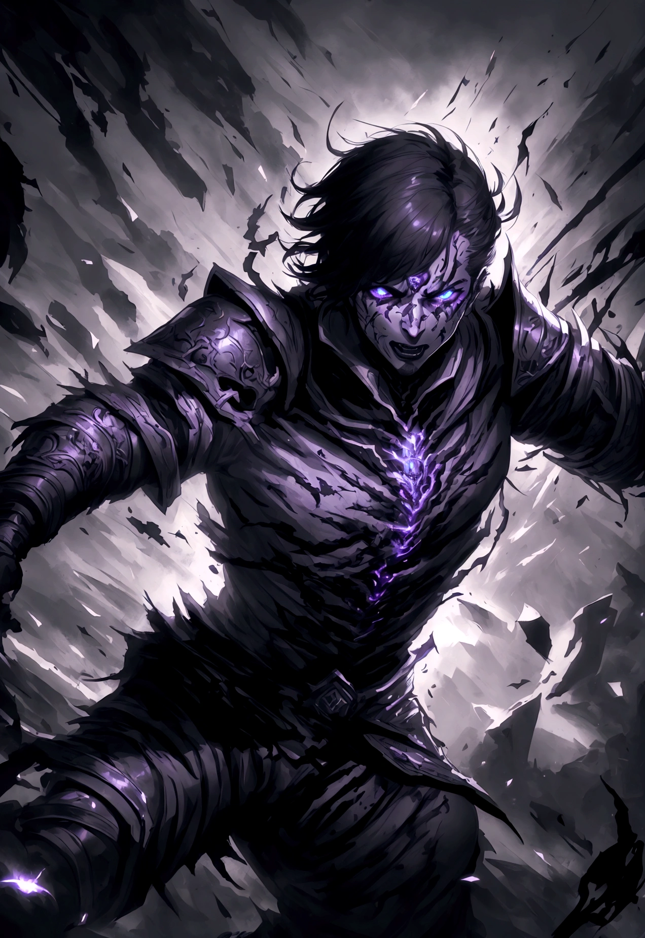 male hero in a combat pose, dynamic action shot, high contrast lighting, detailed facial features, piercing eyes, tattered costume, dramatic shadows, dynamic motion blur, hyper detailed digital art, cinematic lighting, heroic and intense expression