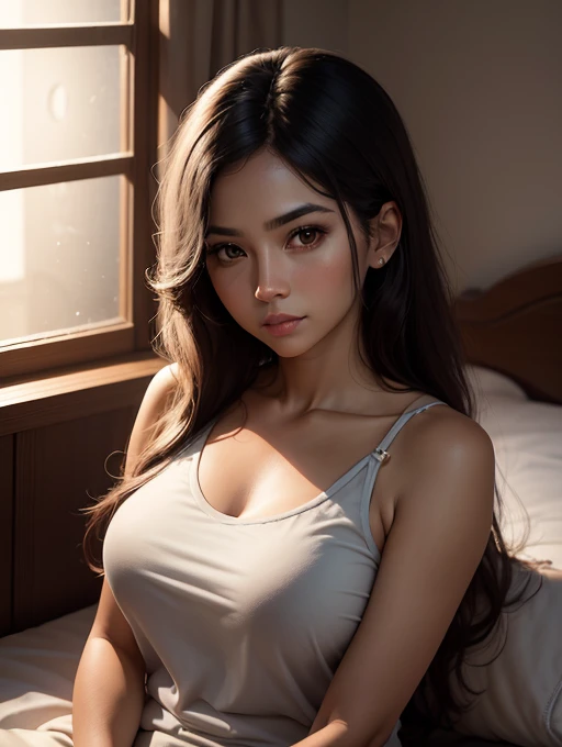 30 year old female, longye hair, neutral expression, traços ocidentais, camisola, sentada na cama, dark bedroom, moonlight shining through the window 