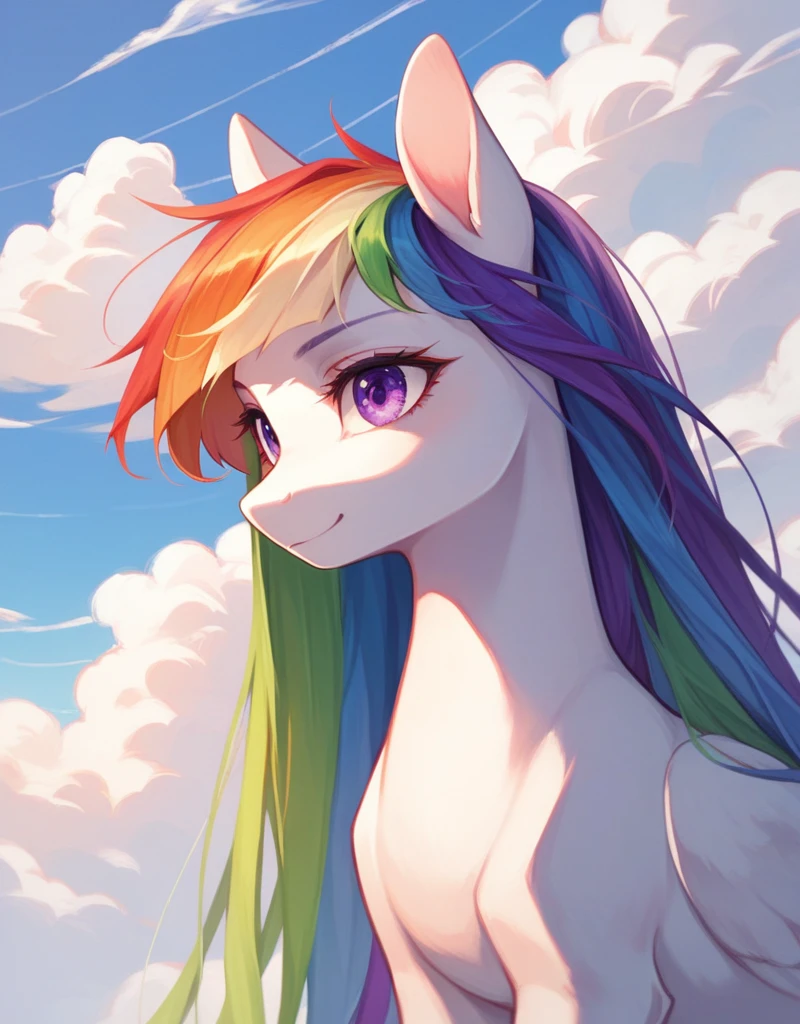 lindoEstilo,revuelto, 1 girl pony, solo, violet eyes, rainbow color long hair, clouds, long hair, arco,
,<lora:lindo_Estilo_poni:0.8
The blue pony is standing extending her arms forward, she is on her side in an epic pose, blue skin, blue wings, stained glass figure