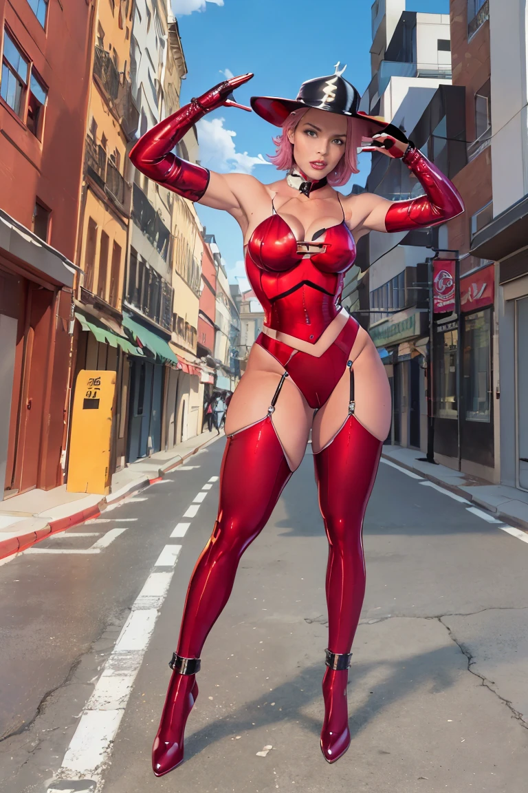 ultra-detailed, Explicit, Beautiful body, Beautiful Nose, Beautiful character design, perfect eyes, perfect face, ultra highres, 4K, beautiful legs, perfect legs, Nice hands, Perfect hand, Masterpiece, Best Quality, Highly detailed, illustration, absurdres, street fighter, doll suit, shadaloo doll, dollsuit, expressionless, blank eyes, looking at viewer, red gloves, emotionless, black latex, corrution, mind control, female combatant, full body, hypnotized, unhappy trance, full body suit, ribbed bodysuit, both arms at side, obey, perfect female body, extremely glossy latex, hypnosis, hypnoLora, empty eyes, Mind control device, poses, submissive_pose, Slave, hat, necktie, stand up straight, standing, standing at attention, hat, necktie, belt, latex, ribbed bodysuit, thighhighs, garter belt, Fighting Stance, extending the right arm from the shoulder into the air with a straightened hand, saluting, military, military saluting, salute, thigh boots, 1girl, Aelita Evolution, code: lyoko, pink hair, short hair, long ear, green eyes