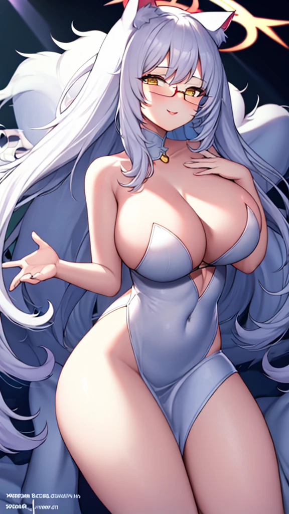 A 20-year-old female angel with long, white hair, yellow eyes, white cat ears, and large white angel wings. yellow halo ring round white glasses Sexy white, thigh-length evening dress, hands touching lips.