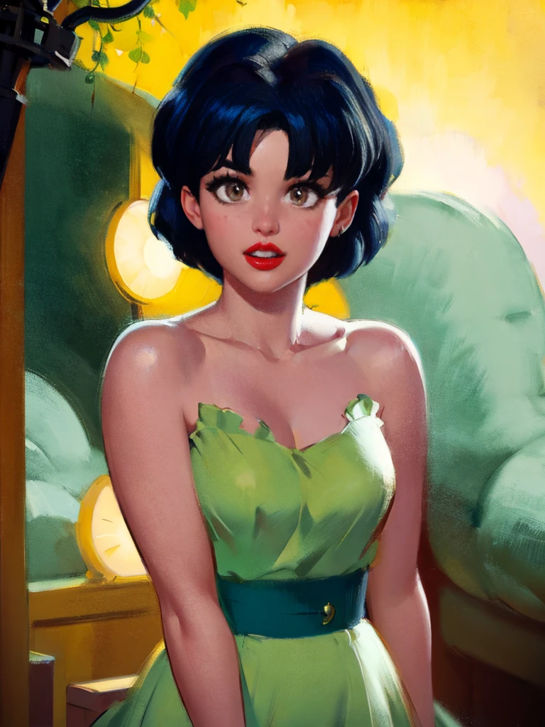 1girl, detailed facial features, beautiful intricate eyes, alluring red lips, long eyelashes, delicate skin, dynamic pose, elegant vintage dress, retro pin-up style, cinematic lighting, warm color palette, (best quality,4k,8k,highres,masterpiece:1.2),ultra-detailed,(realistic,photorealistic,photo-realistic:1.37),cinematic,dramatic,film noir, akane_tendo-ranma, portrait, upper body