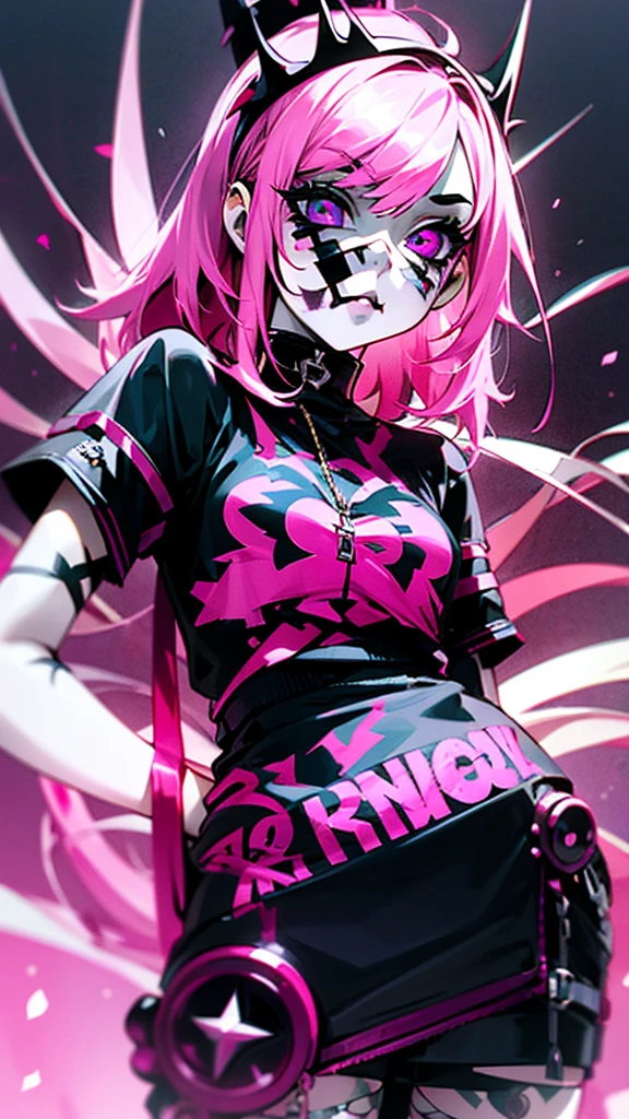 araffe girl with pink hair and a crown on her head, dressed in punk clothes, dressed in crustpunk clothes, anime girl cosplay, cybergothic, wearing a punk outfit, Kerli Koiv as Anime Girl, 1 7  Goth Anime Girl, Beautiful Delfina, anime cosplay, with pink hair, anime girl in real life, Punk Girl