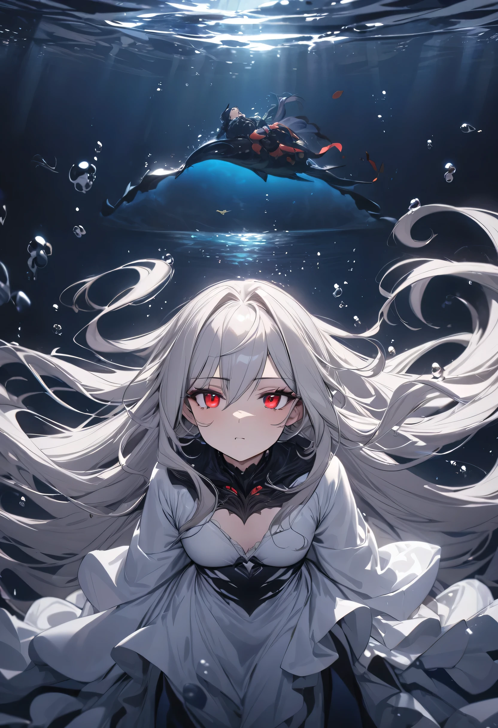 panoramic, (Deep sea diving style), (biggest Deep Sea Creatures) and (one girl), (10 yo silver hair long hair alluring girl, detailed red eyes), in a white robe, (Drifting in the deep sea), break, (in the deep sea, background a darkness sea), BREAK, perfect anatomy, masterpiece, best quality, 16k, beautiful detailed deep abyss, daydreaming expression
