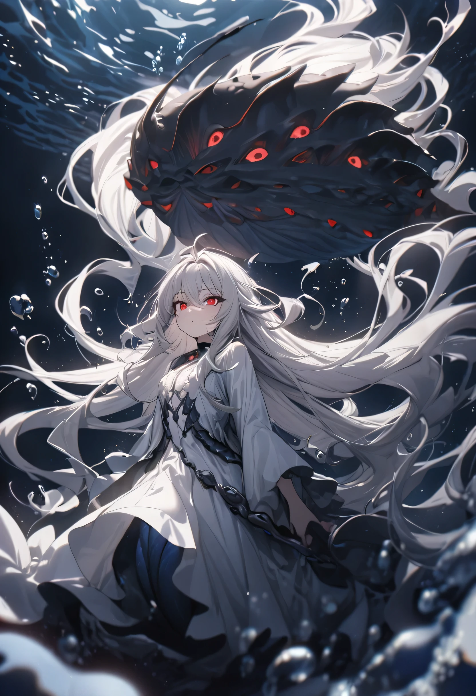 panoramic, (Deep sea diving style), (biggest Deep Sea Creatures) and (one girl), ( yo silver hair long hair alluring girl, detailed red eyes), in a white robe, (Drifting in the deep sea), break, (in the deep sea, background a darkness sea), BREAK, perfect anatomy, masterpiece, best quality, 16k, beautiful detailed deep abyss, daydreaming expression