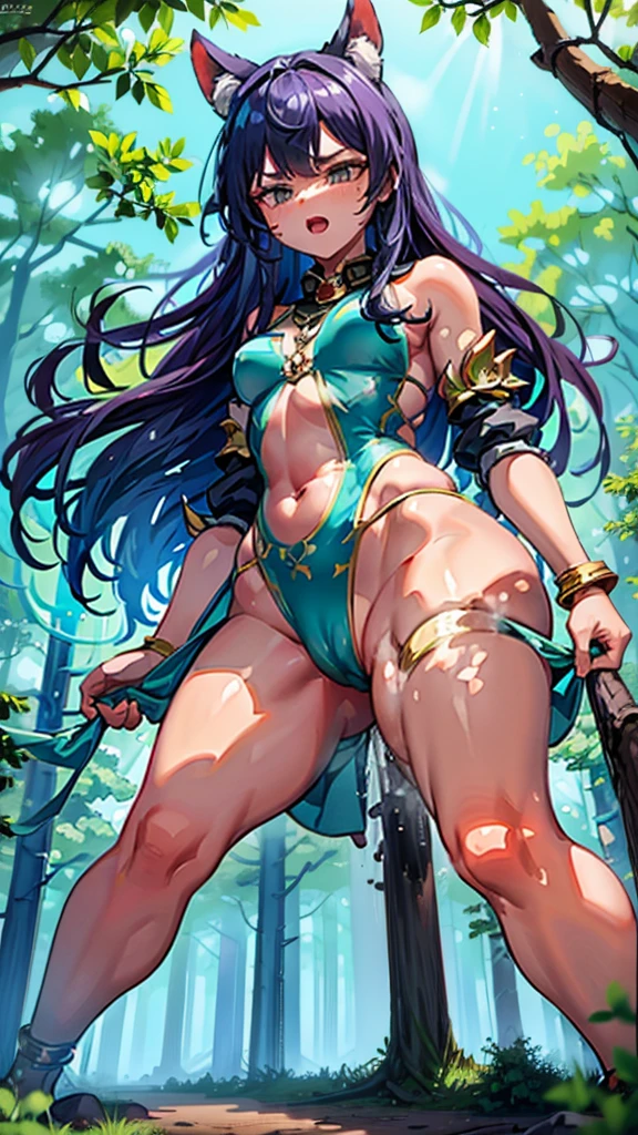 In a forest of large trees there is an even larger Amazonian giantess, with brown skin, black hair, thin, with clothes of the forest, and with very long legs, she is looking for small human invaders of the forest to destroy them so that they do not disturb the peace of the forest. Giantess, goddess, hot, black skin, tall legs, sexy, tiny people, tiny humans, crush, forest, trees, standing, group of small people, cuerpo delgado, curvilinear body