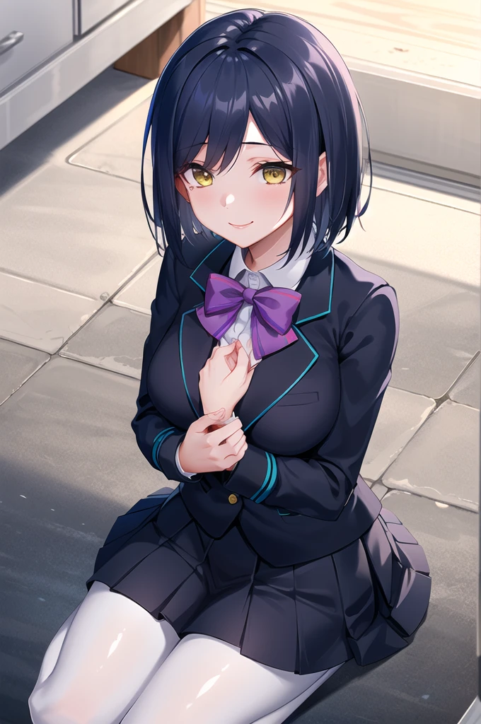 masterpiece, Highest quality, High resolution, shizurin, One girl, shizuka rin, alone, , Yellow Eyes, Pleated skirt, Purple ribbon, short hair, blazer, Blue Hair, Purple Pantyhose, Long sleeve, Mole under the eye, bangs, bow tie, White shirt, Black jacket, purple bow tie, Collared shirt, Black Skirt, sweater, Blue jacket, mini skirt, Cowboy Shot, smile, Outdoor, (masterpiece、Highest quality、High resolution、Ultra-high-definition CG、8k size wallpaper, super detailed skin, detailed, beautiful detailed eyes), BREAK, ass pov, sit astride, girl on top, focus pussy, black hair, drop eyes, student, BREAK, Sex:1.5, pussy juice:1.5, ((smile)), cum pussy:1.9, baby face, BREAK, pussy in small penis, erectile nipples, Put your hands forward, peeing, Phimosis, Round eyes、Terribly violent sex acts、((Medium chest))、A large amount of bodily fluids splashing、BREAK、small penis, Live-action background、