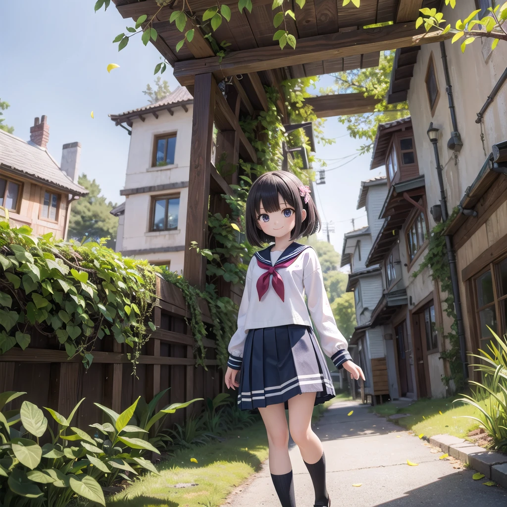 (masterpiece), town, blue sky, One Girl, smile, alone, Sailor suit、Long skirt, Overgrown, petal, plant、Skirt lining、Translucent slip