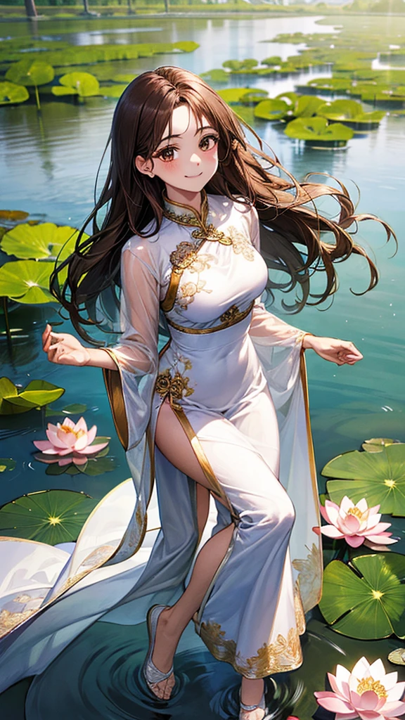 ((Highest quality)), ((High resolution)), ((masterpiece)), (detailed),
View your audience, Written boundary depth, Anatomically correct, One mature woman, Perfect Face, Cute and symmetrical face, Shiny skin,
(Long Hair:1.2, Straight Hair), Chestnut brown eyes, Long eyelashes, (Big Breasts:0.8),
Beautiful Hair, Beautiful Face, Beautiful details, Beautiful clavicle, Beautiful body, Beautiful breasts, Beautiful thighs, Beautiful feet,
(See-through Ao Dai, National costume, Delicate embroidery), (Cute Smile), Beautiful views, Walk along the riverside path, Lotus flowers in the river,