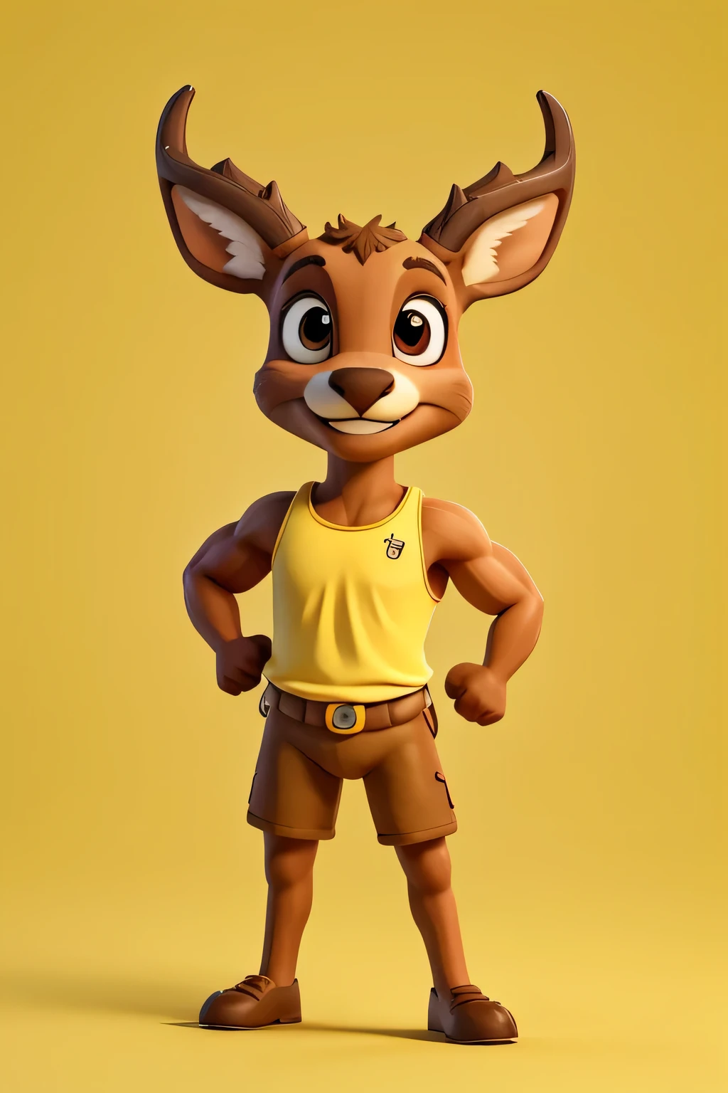 Deer flexing double biceps while smiling friendly, yellow background